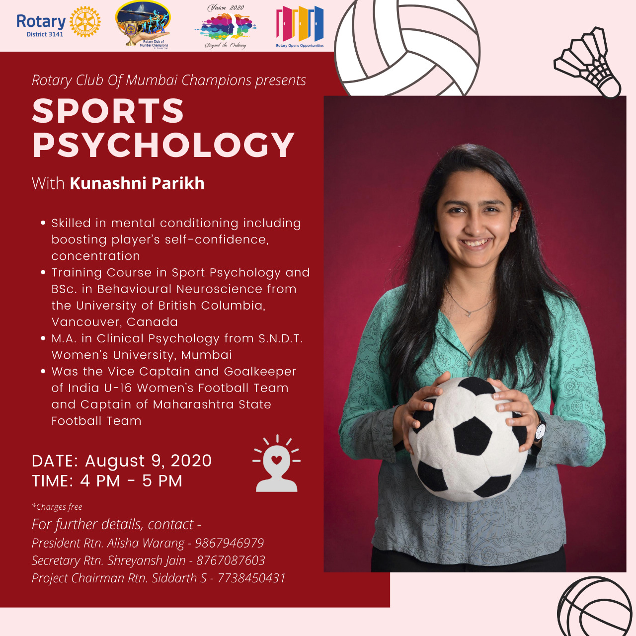 Rotary Club of Mumbai Champions - Sport Psychology Session with Kunashni - Poster