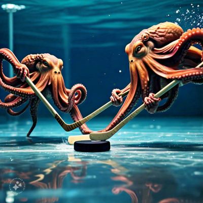 two_octopus_playing_hockey_underwater_with_the